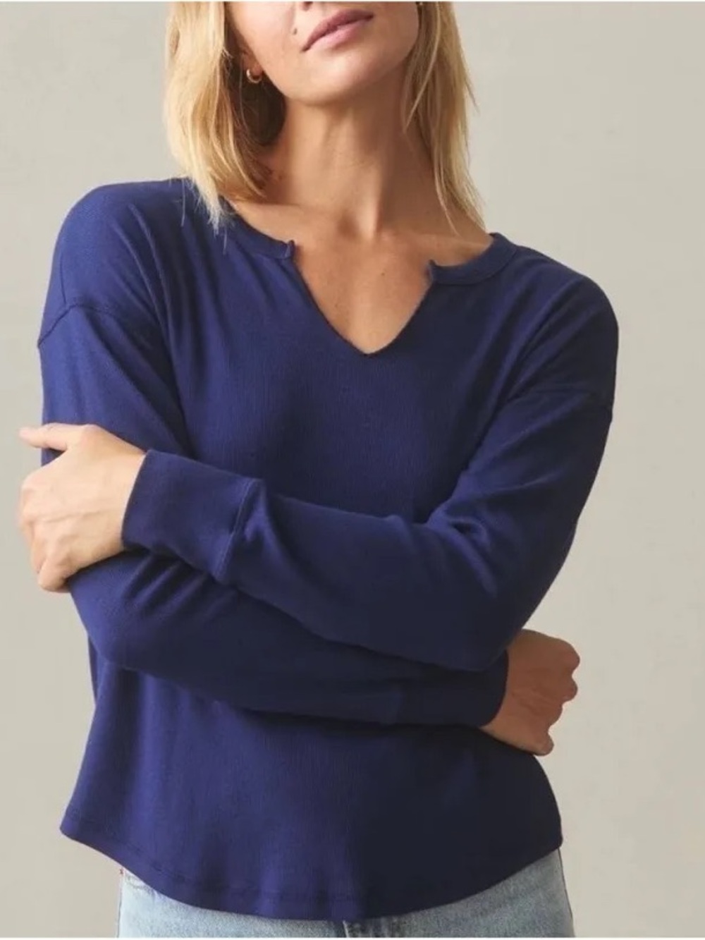 American Giant Womens Luxe Ribbed V-Notch Navy Blue Long Sleeve Shirt thermal M
